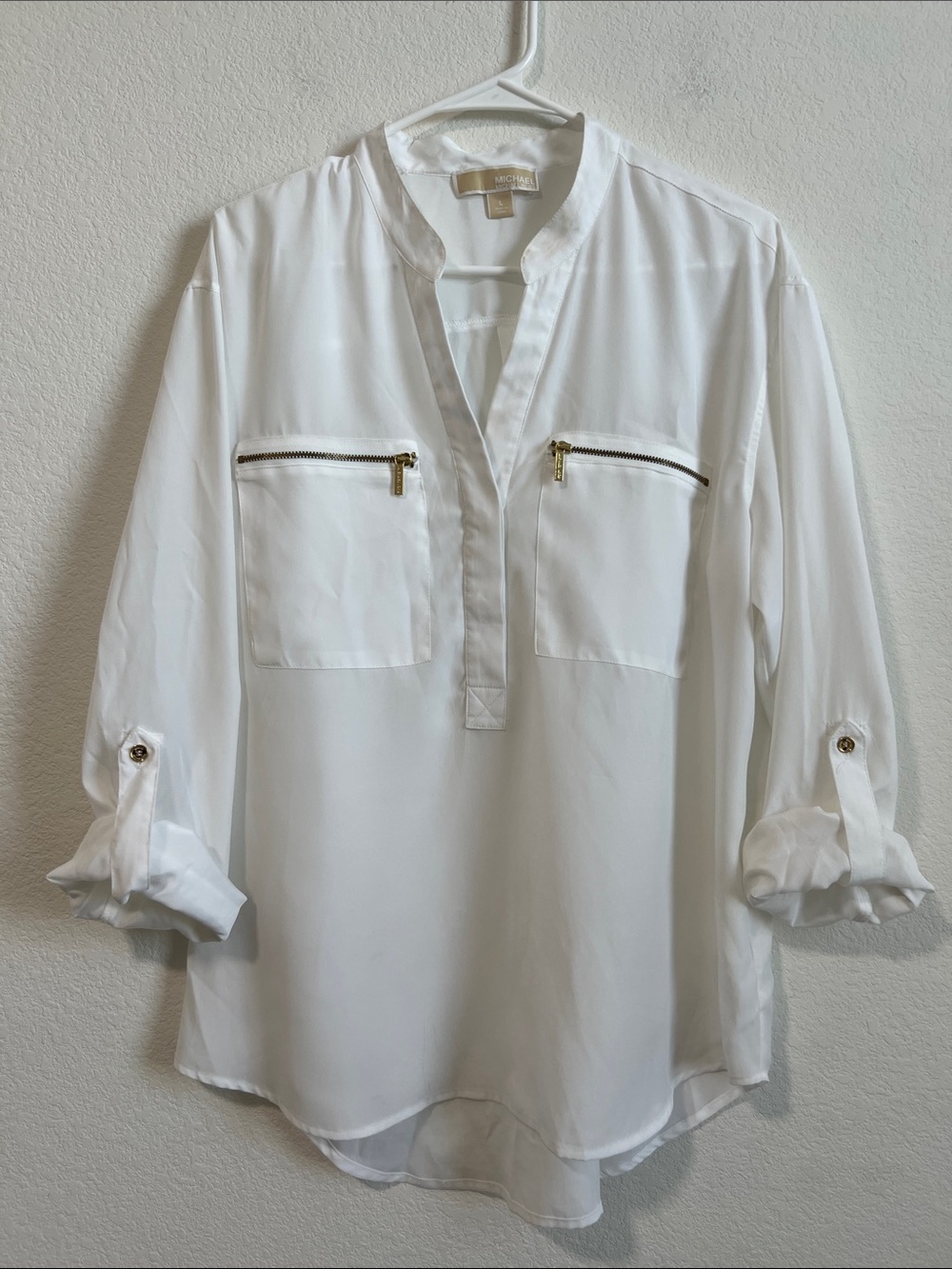 Michael Kors White Split-Neck Blouse with Gold Zipper Size L